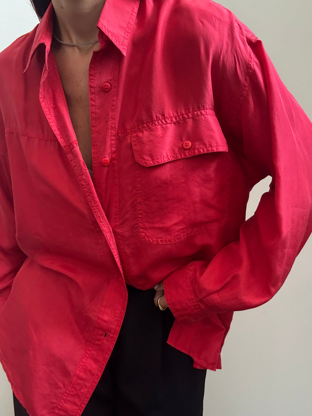 Vintage Red Silk Button Up Blouse Size Medium