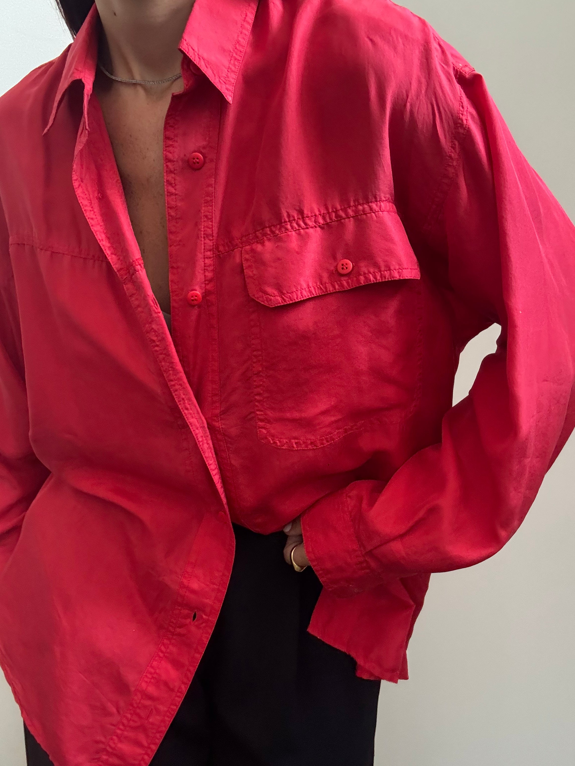 Vintage Red Silk Button Up Blouse Size Medium