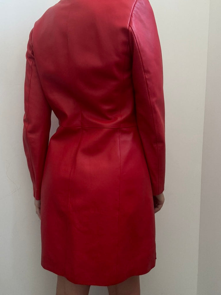 Vintage Cherry Red Mid-Length Leather Jacket Size Small