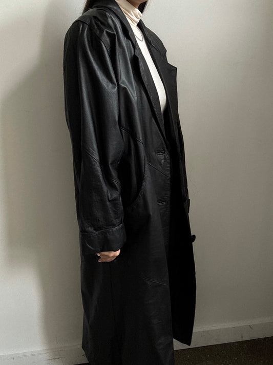 Vintage Black Leather Trench With Pleated Sleeves