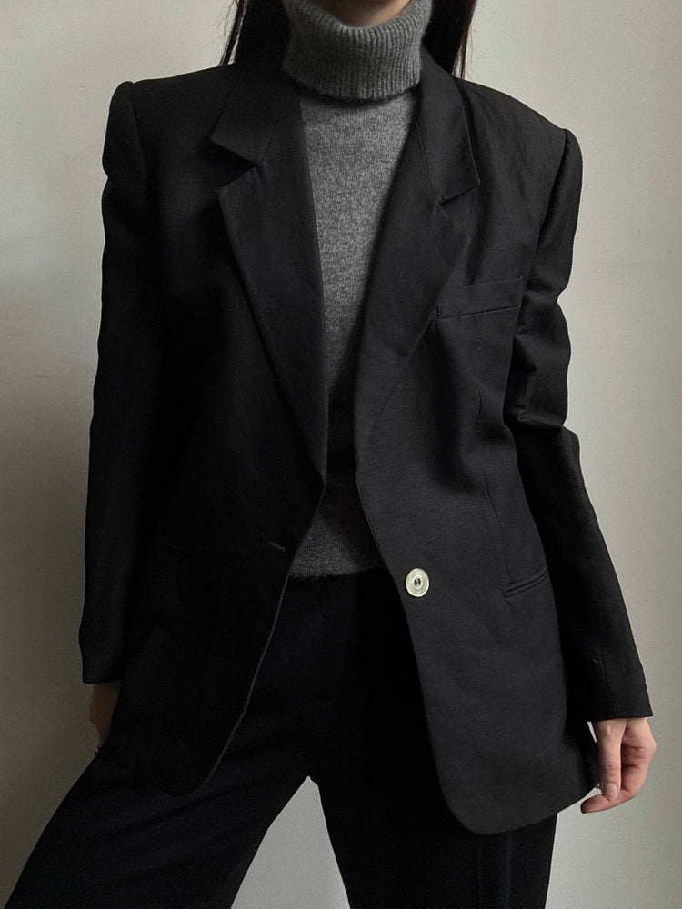 Vintage Black Linen Blend Lightweight Blazer Size Large