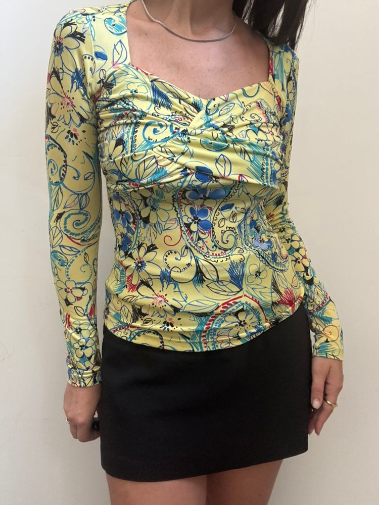 Vintage Yellow Patterned Stretch Top Size Medium