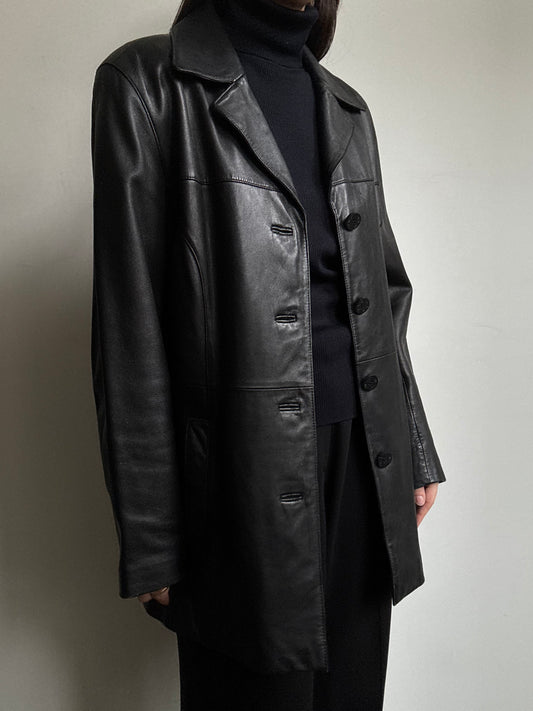 Vintage Black Buttoned Mid-Length Leather Jacket Size M