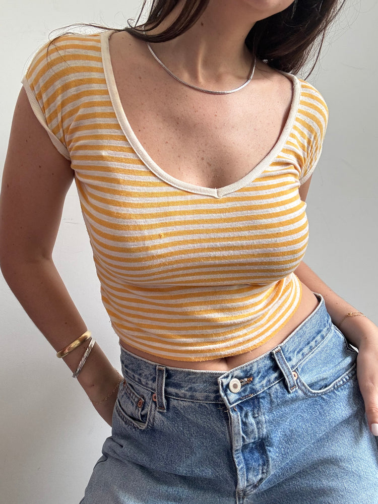 Vintage Yellow and White Striped Crop Top Size Small