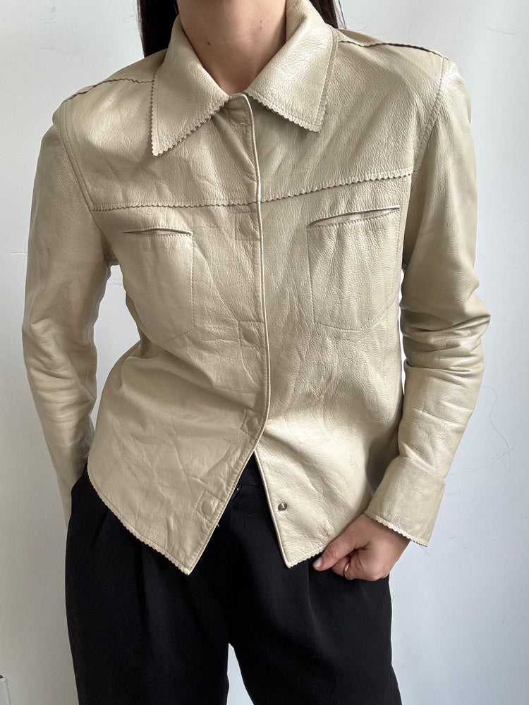 Vintage Beige Fitted Leather Jacket Size Medium