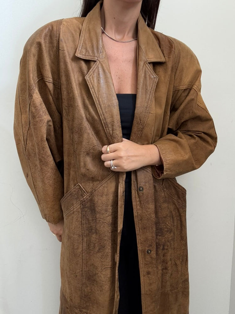 Vintage Brown Distressed Leather Trench Coat Size Large