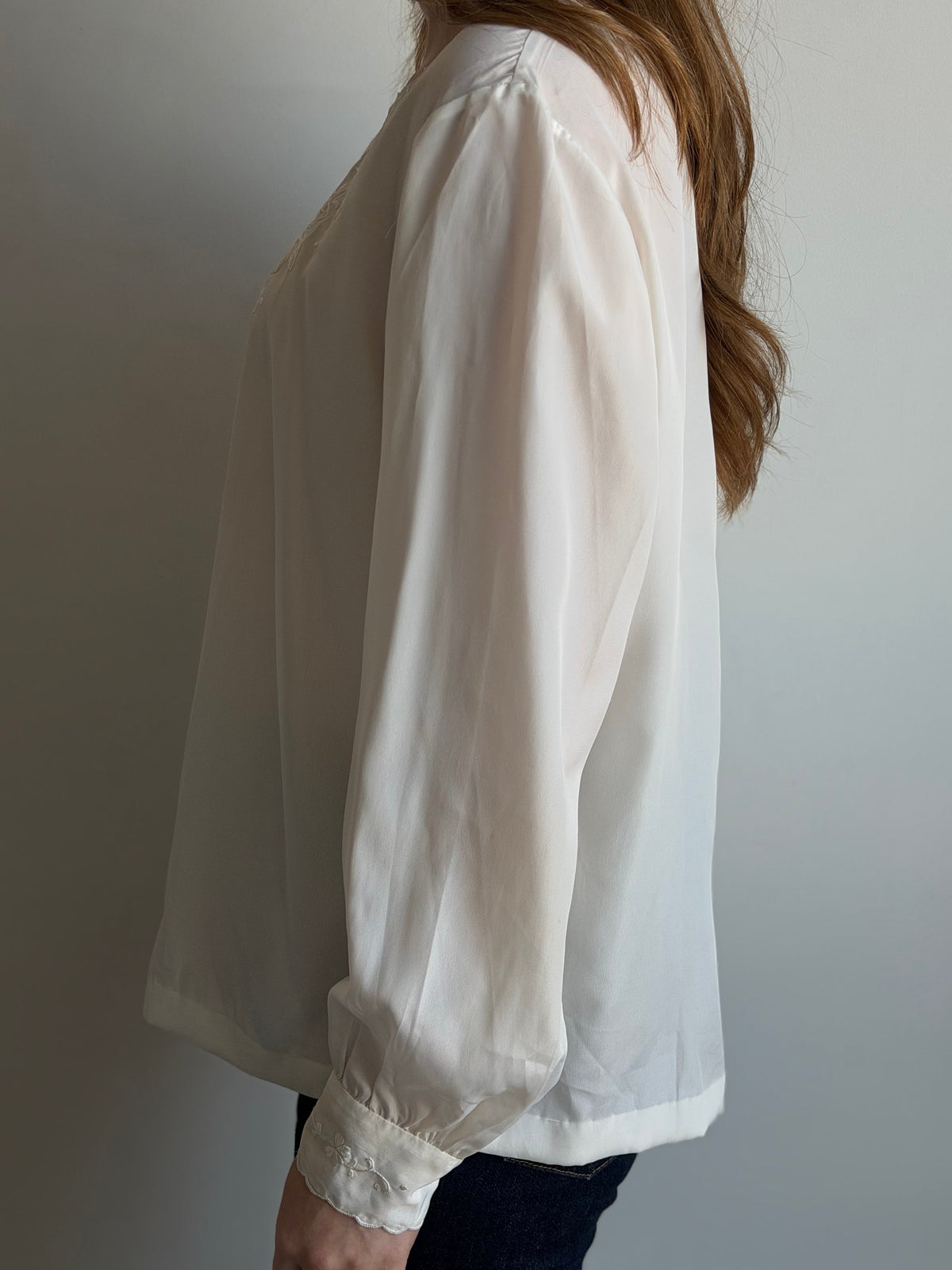 Vintage Ivory Hand-Embroidered Satin Blouse Size Large
