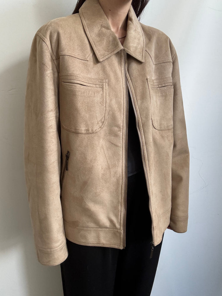 Vintage Faux Tan Suede Bomber Jacket Size Medium