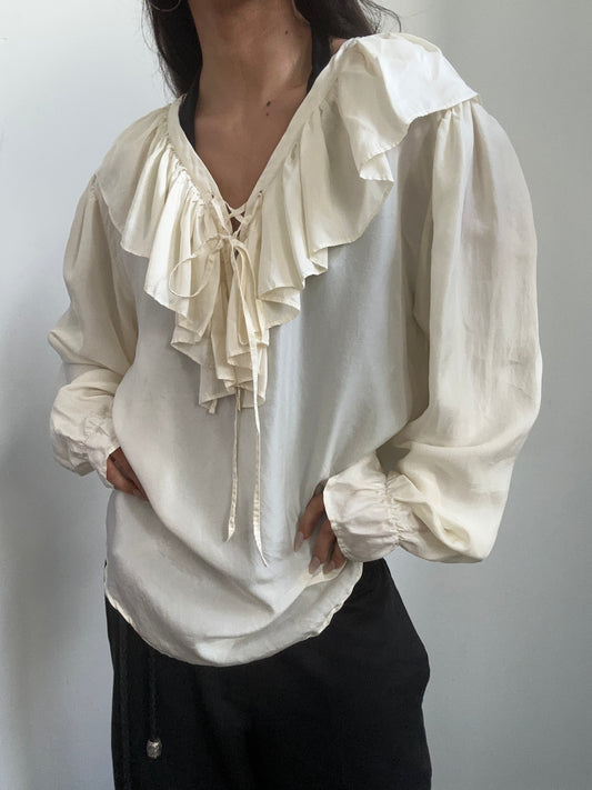 Vintage Cream Ruffle-Front Blouse Size Small