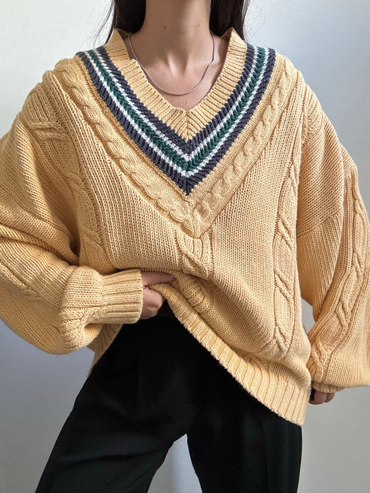 Vintage Yellow Cable Knit Varsity Sweater Size Medium