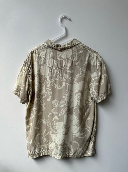 Vintage Beige Tropical Flower Print Button-Up Shirt Size Medium