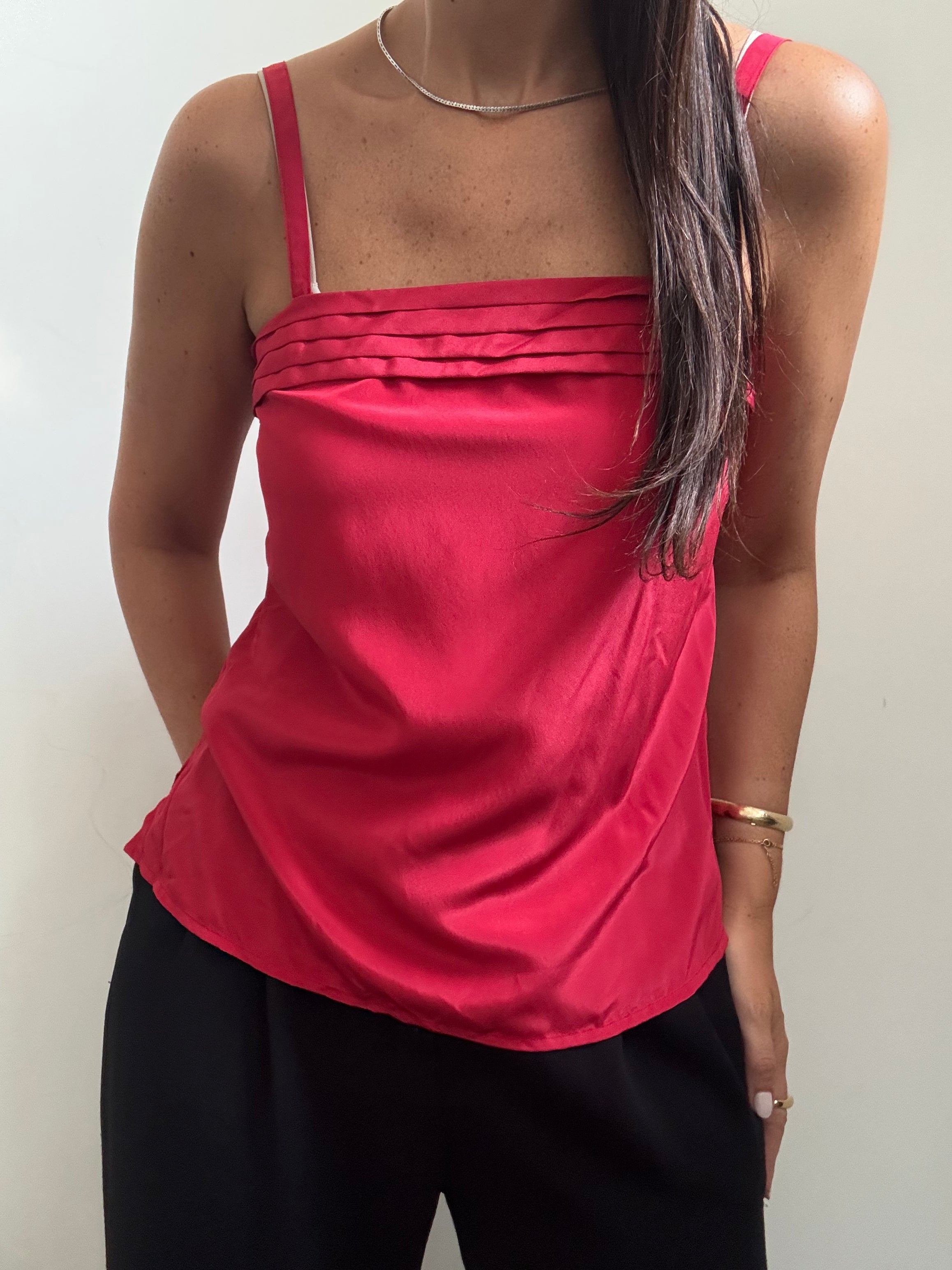 Vintage Red Silky Pleated Tank Top Size Small