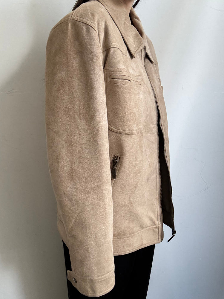 Vintage Faux Tan Suede Bomber Jacket Size Medium
