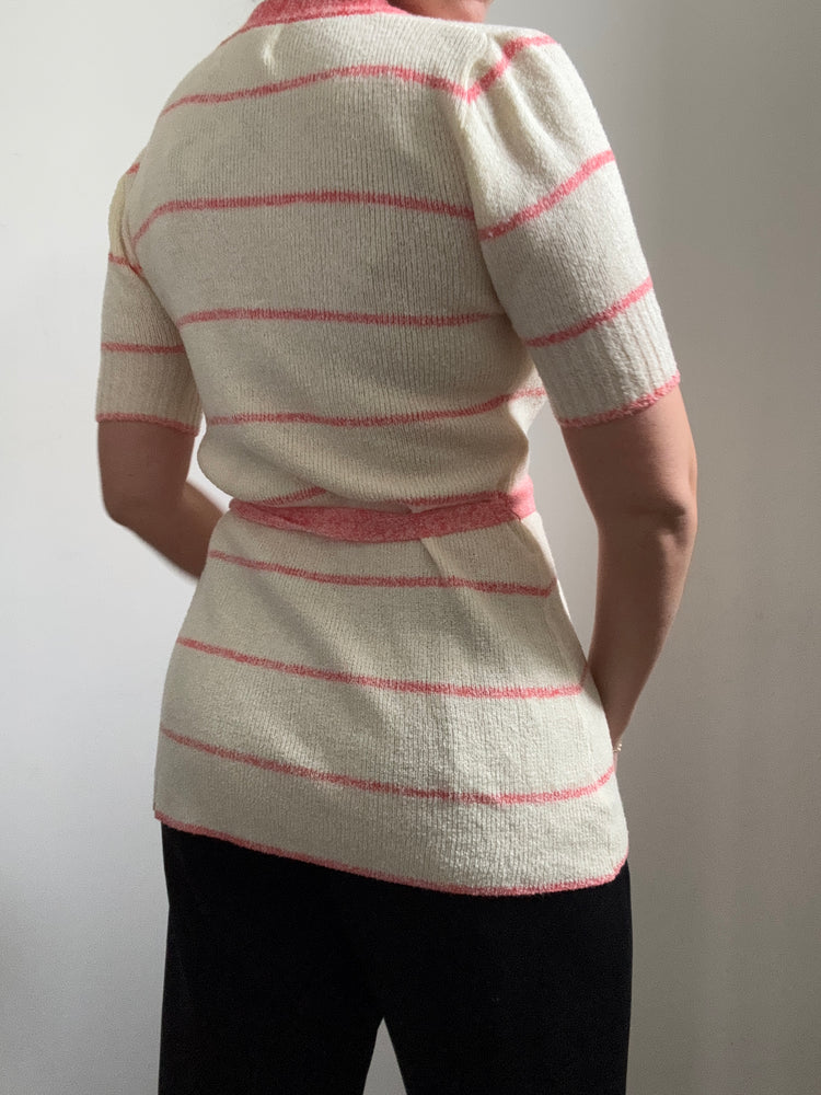 Vintage  Ivory & Pink Short Sleeve Cardi Size M