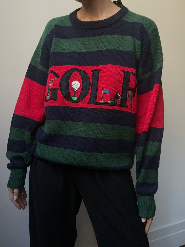 Vintage Golf Patch Striped Pullover Sweater Size M