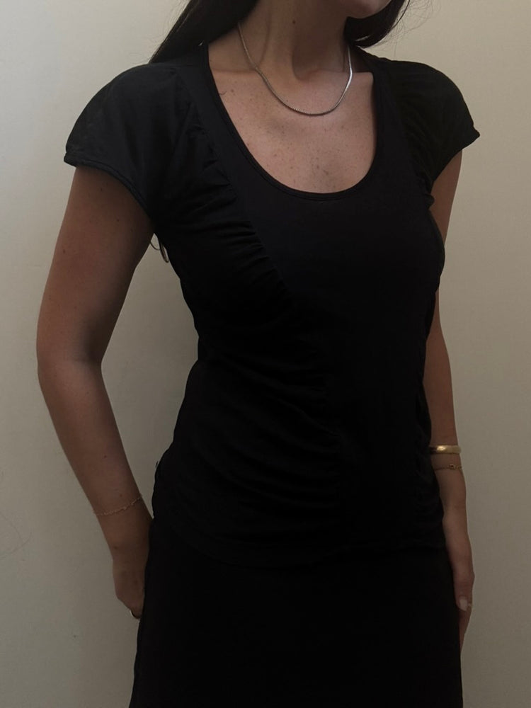 Vintage Black Cotton Blend Ruched T-Shirt Size Small