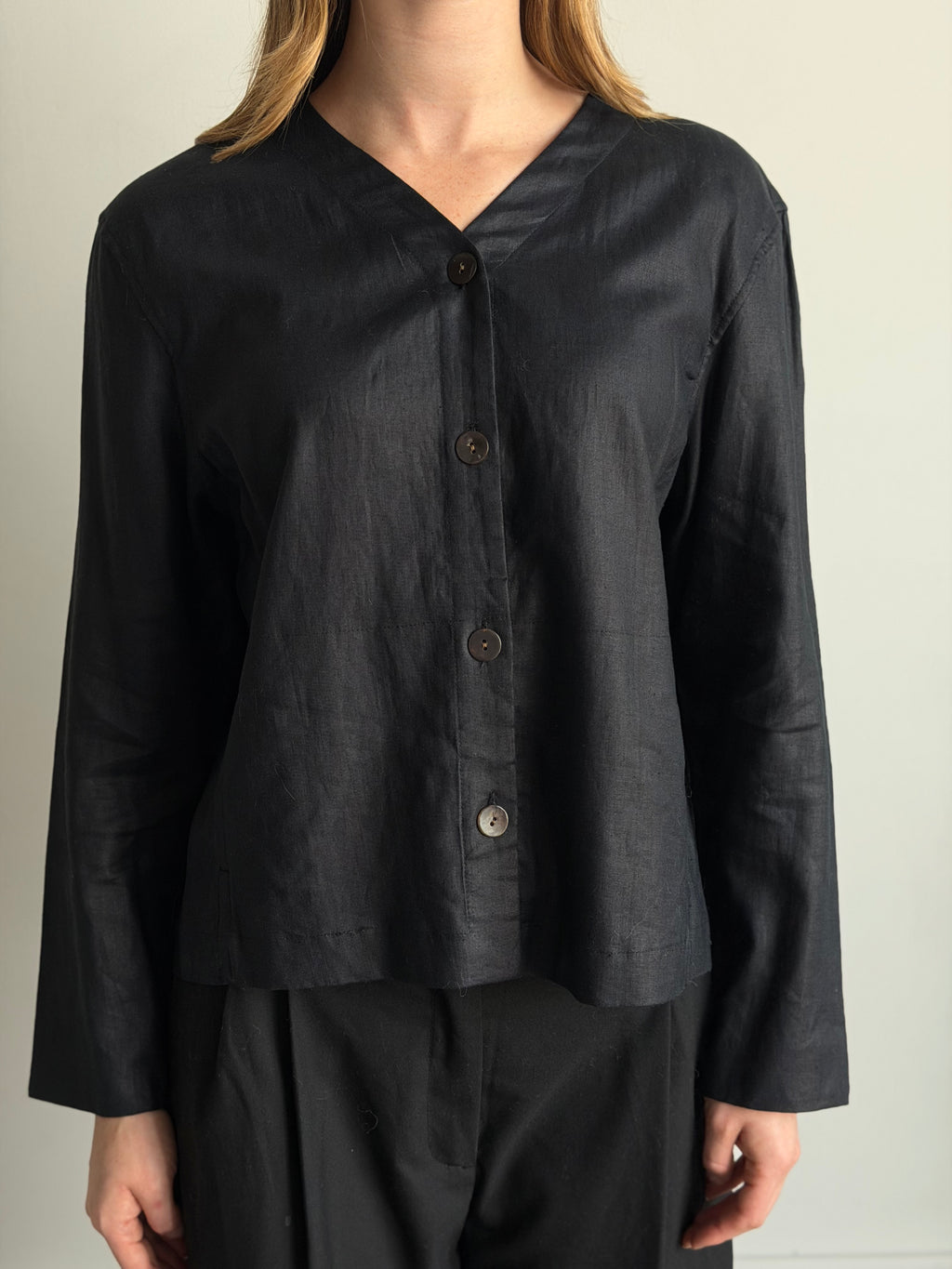 Vintage Black Linen Buttoned Top Size Large