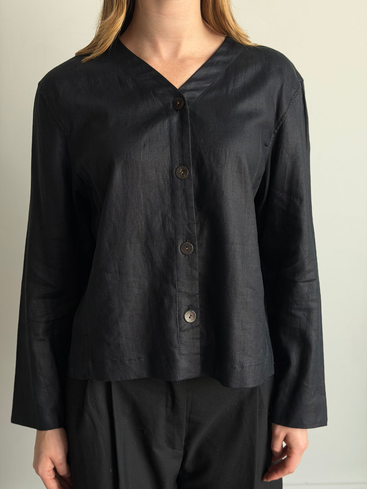 Vintage Black Linen Buttoned Top Size Large
