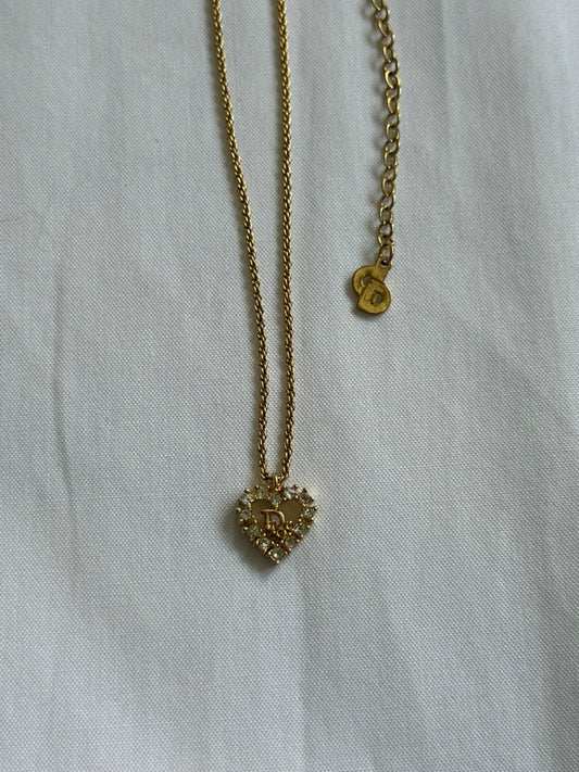 Vintage 1990s Dior Gold Rhinestone Heart Necklace