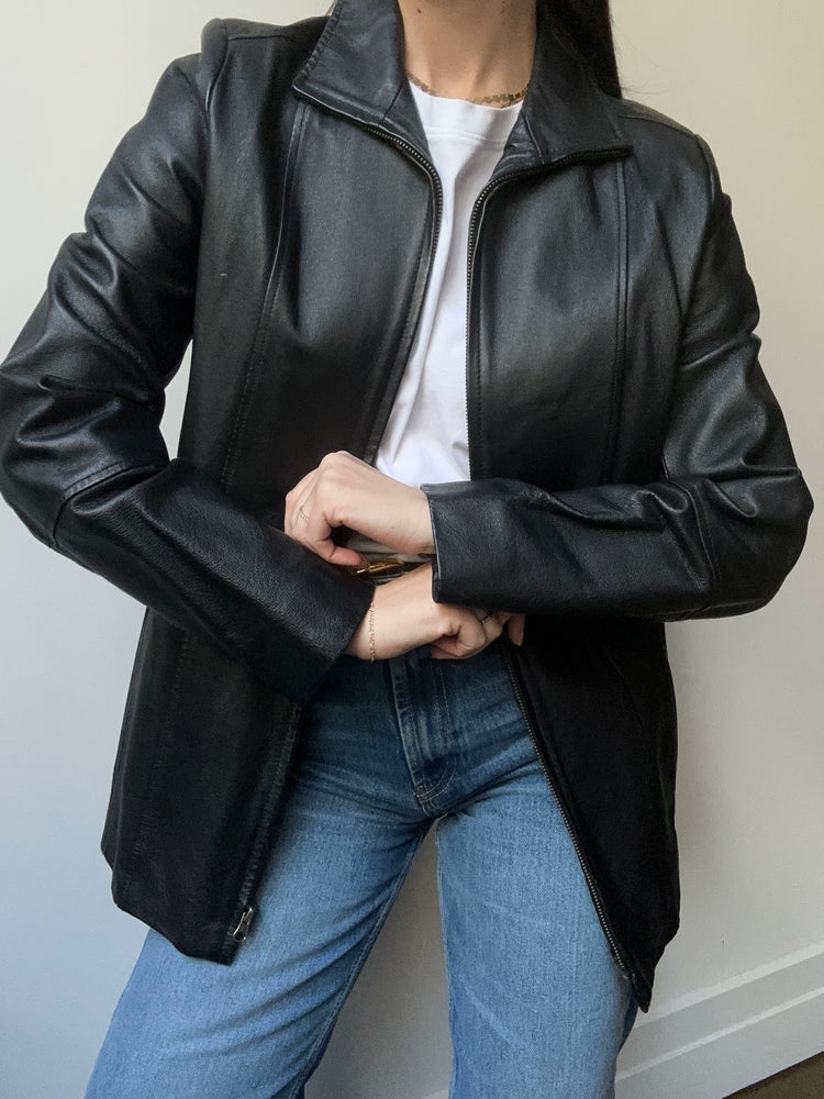 Vintage Black Leather Zip Up Jacket Size Small