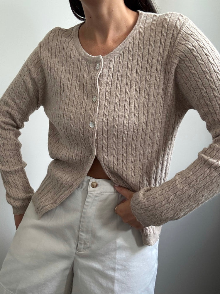 Vintage Khaki Cable Knit Cardigan Sweater Size Small