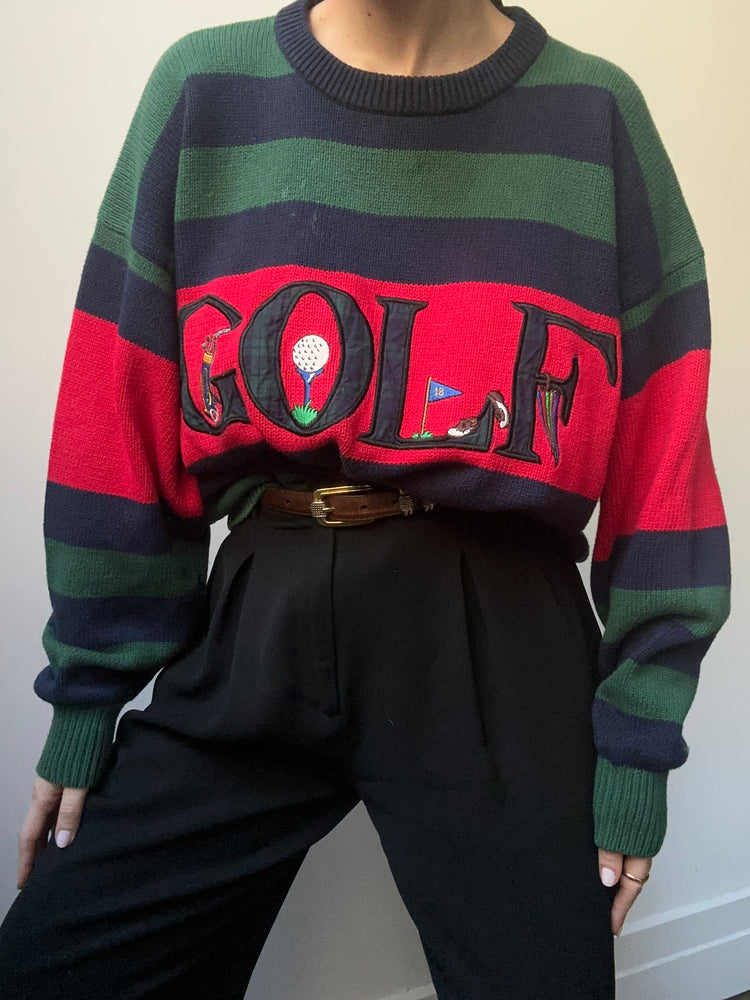 Vintage Golf Patch Striped Pullover Sweater Size M