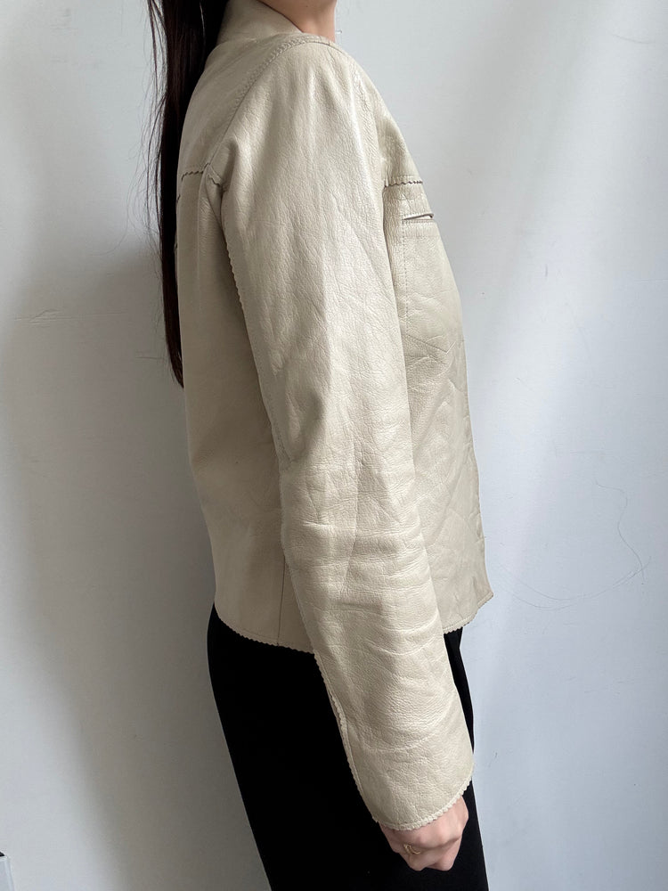 Vintage Beige Fitted Leather Jacket Size Medium