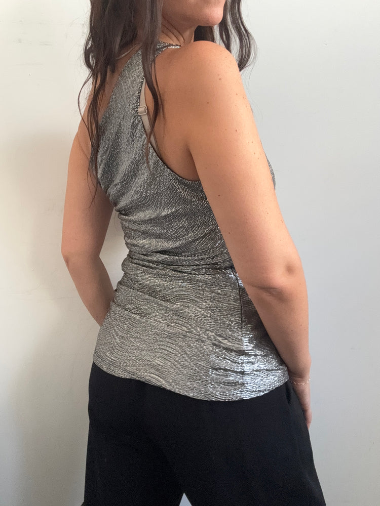 Vintage Metallic One-Shoulder Caché Top Size Small
