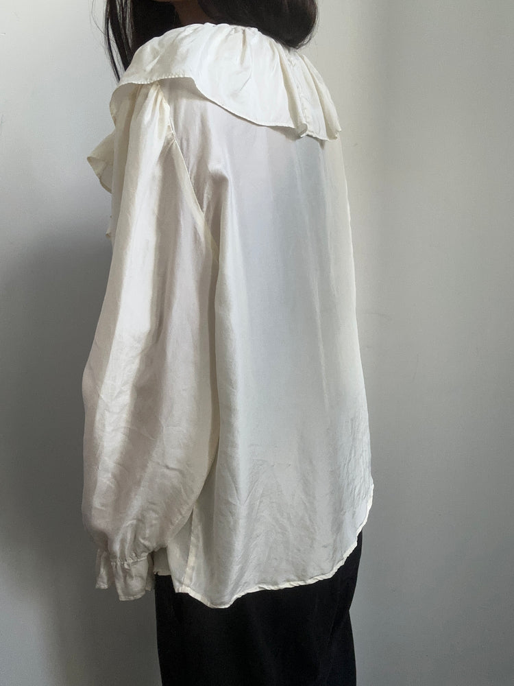 Vintage Cream Ruffle-Front Blouse Size Small