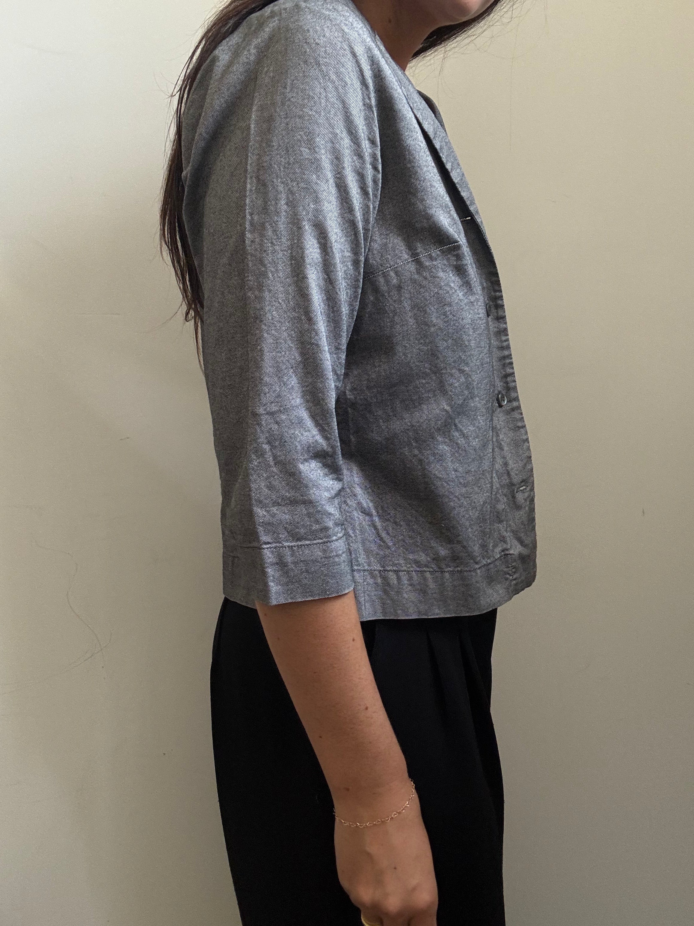 Vintage Grey Cotton Button-Up 3/4 Sleeve Size Small