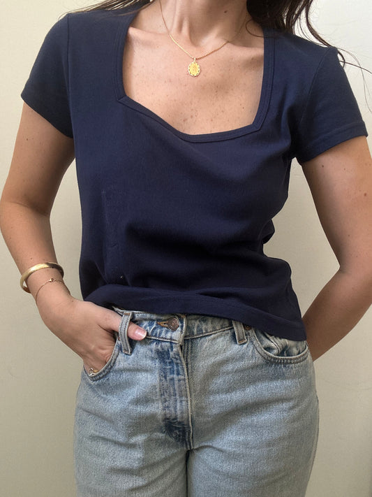 Vintage Navy Cotton Square Neck Top Size Large