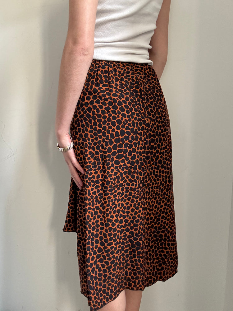 Vintage 100% Silk Tan and Black Leopard Midi Skirt Size Small