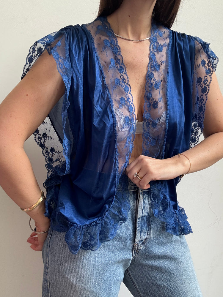 Vintage Royal Blue Sheer & Lace Evening Blouse Size Medium