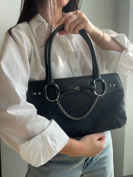 Vintage Gucci Black Horsebit Tote Bag With Silver-Toned Chain Detailing