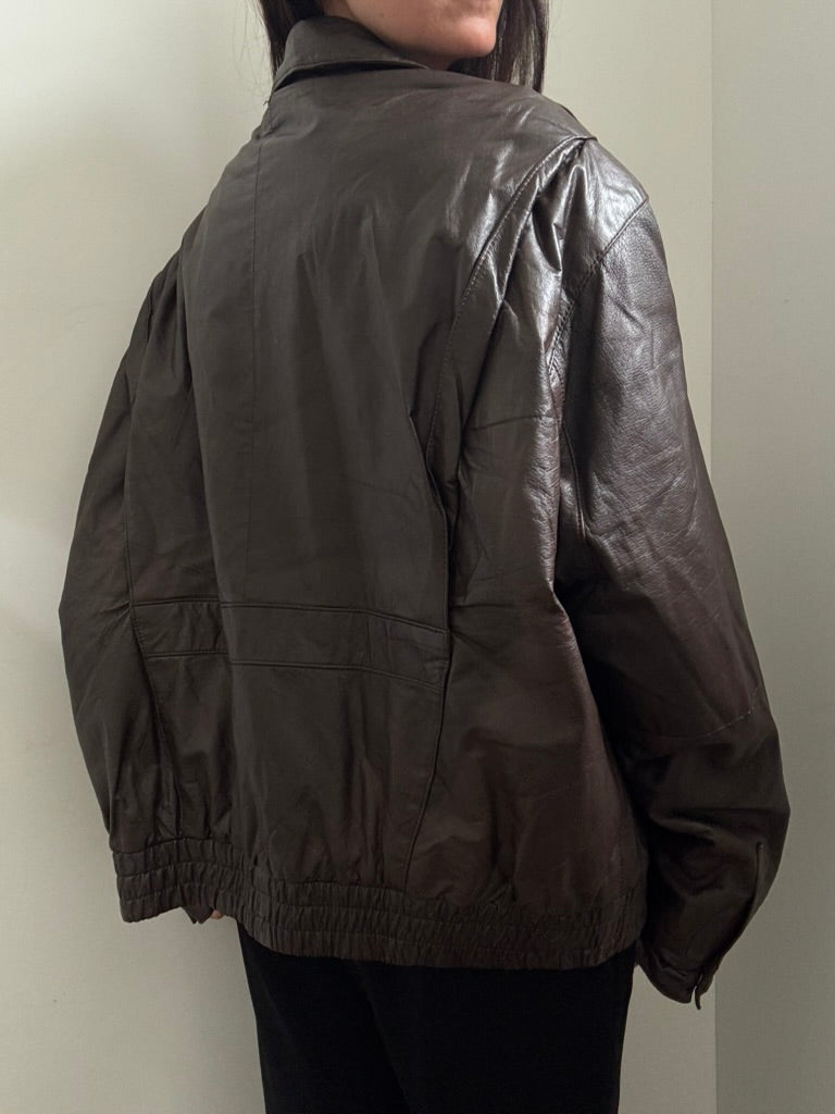 Vintage Dark Brown Leather Bomber Jacket Size XL