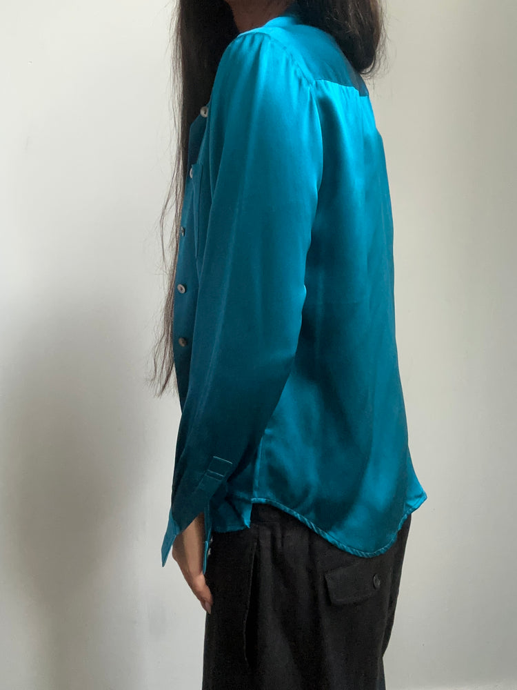 Vintage Cyan Silk Button-Up Size Small