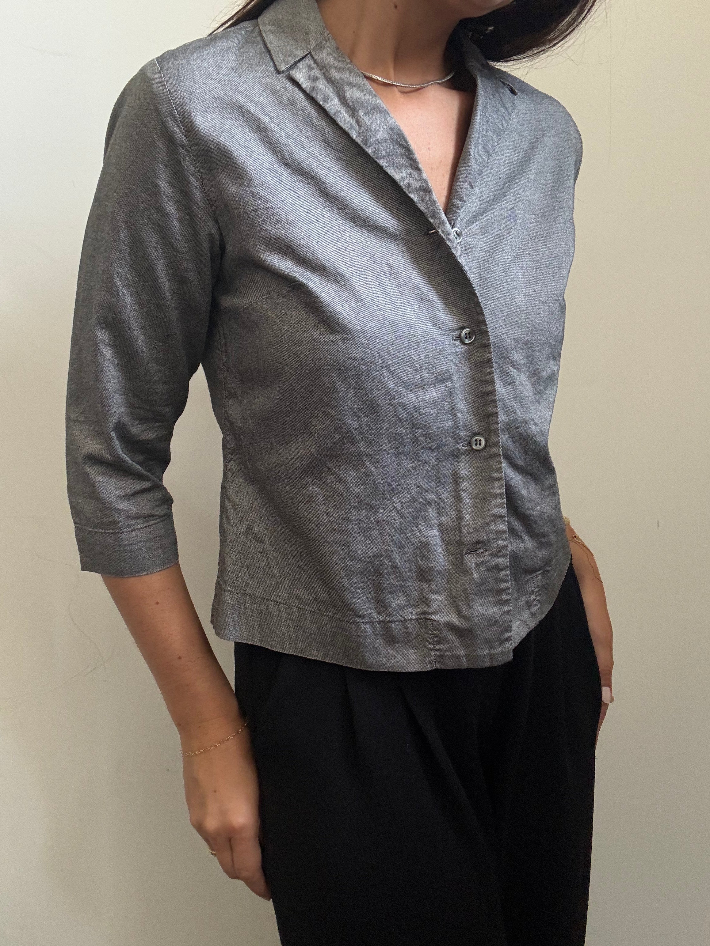 Vintage Grey Cotton Button-Up 3/4 Sleeve Size Small
