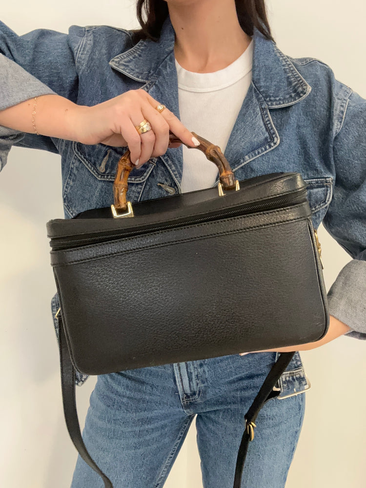 Vintage Black Textured Leather Bamboo Handle Vanity Bag