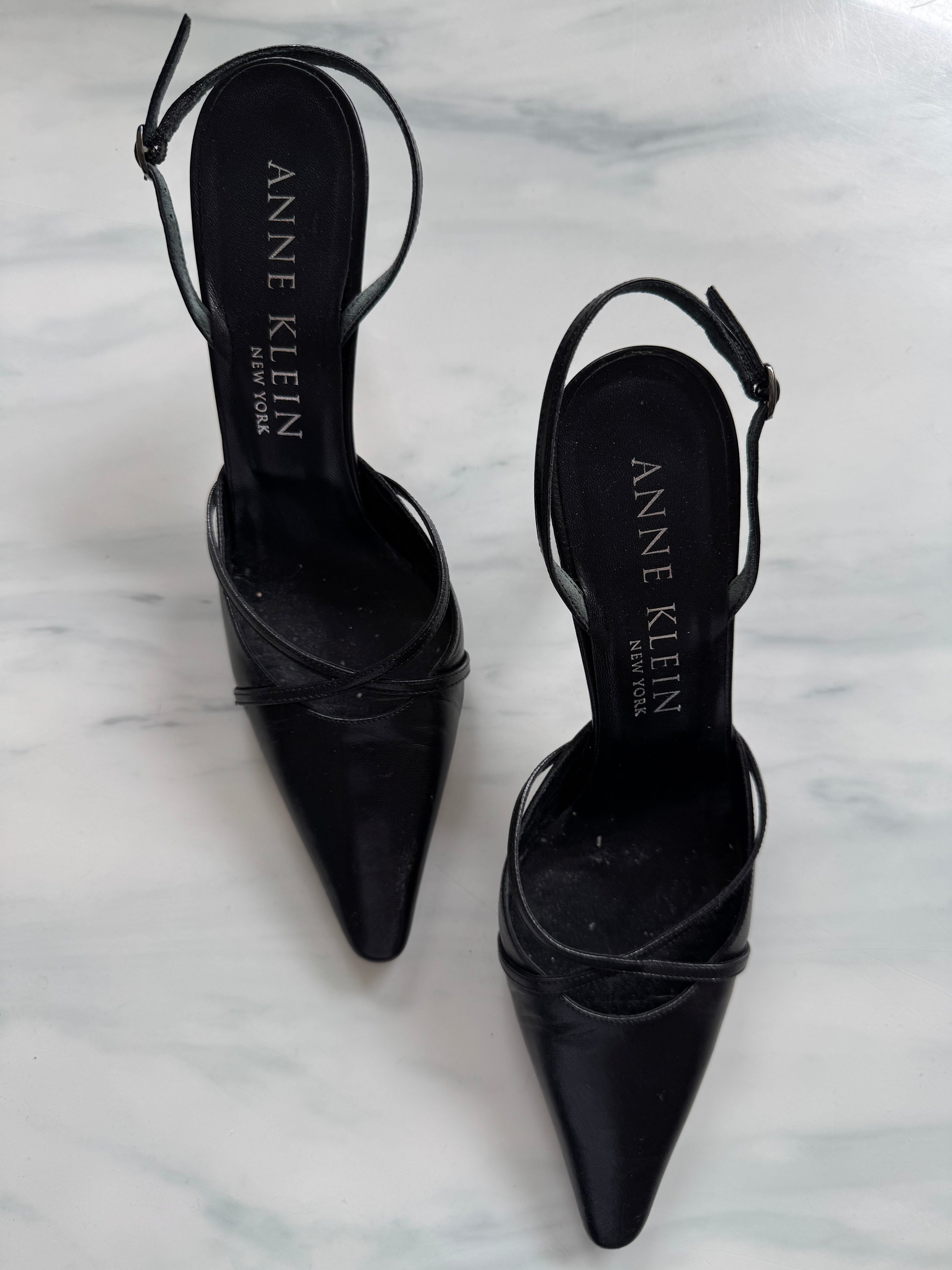 Vintage Black Leather Slingback Pointed Toe Heel Size 9