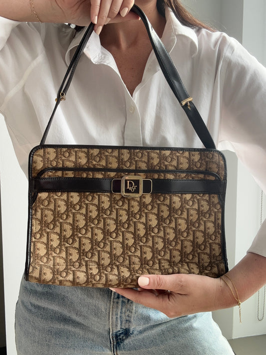 Vintage Christian Dior Brown Canvas Trotter Shoulder Bag