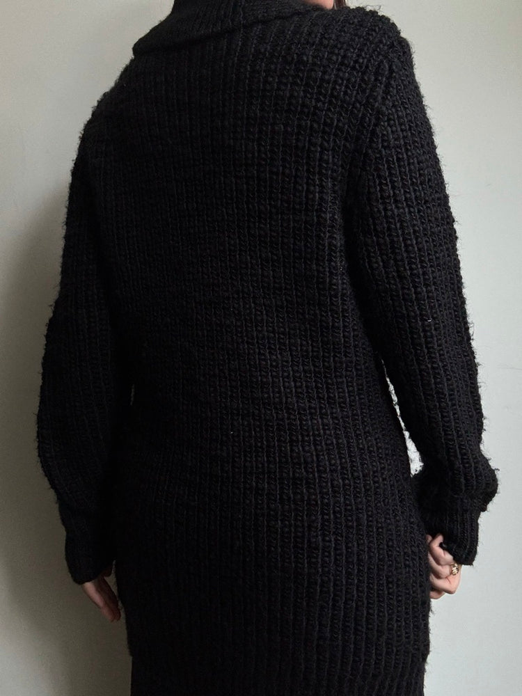 Vintage Ralph Lauren Black Thick Knit Mid-Length Cardigan Size Large