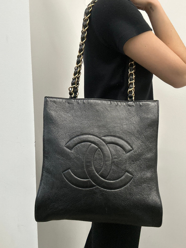 Chanel 2020 Black Calfskin Leather Vertical Tote Bag