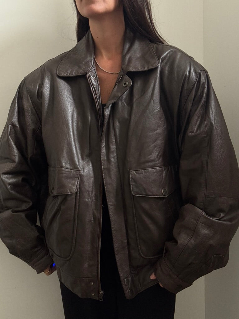 Vintage Dark Brown Leather Bomber Jacket Size XL