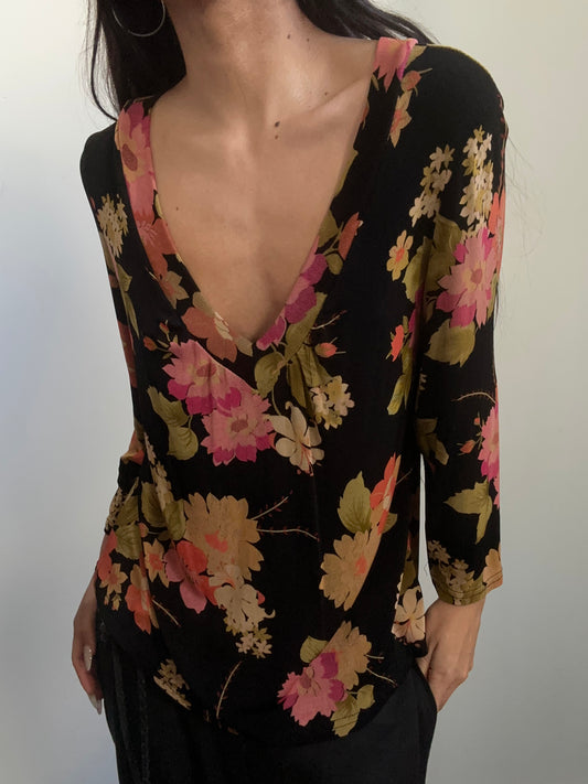 Vintage Black Floral V-Neck Blouse Size Large