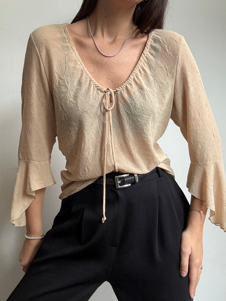 Vintage Beige Blouse + Crinkled Texture Size Medium