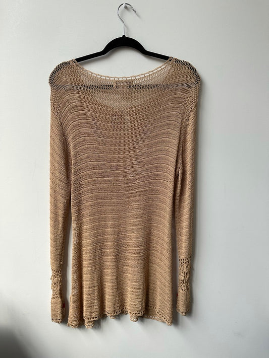 Vintage Tan Crochet Tunic With Floral Embroidery Size Medium
