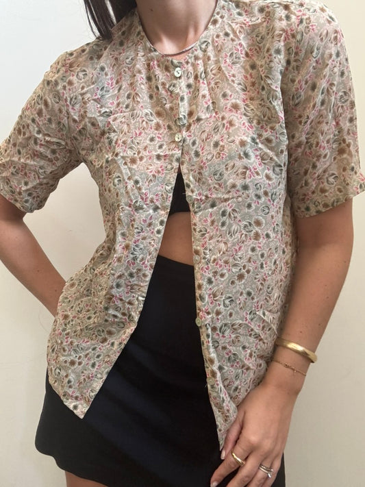 Vintage Silk Short Sleeve Floral Button Down Size Small