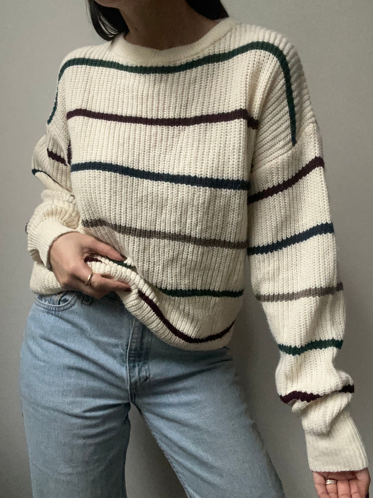 Vintage Cream Sweater with Red and Green Stripes Size L