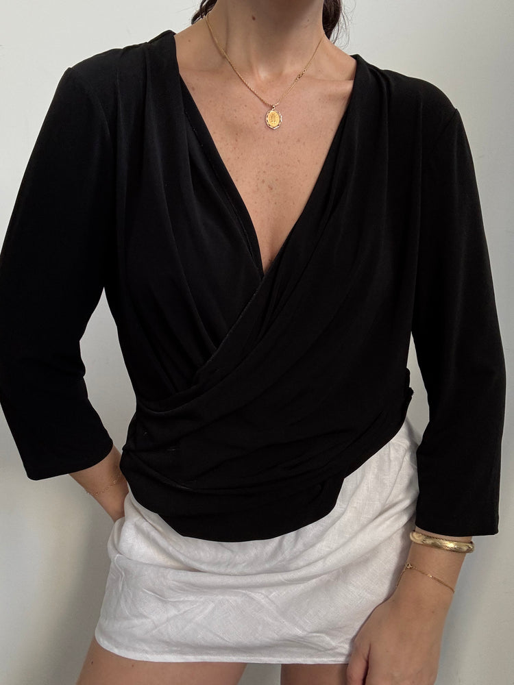 Vintage Black Crossover Long Sleeve Blouse Size Large