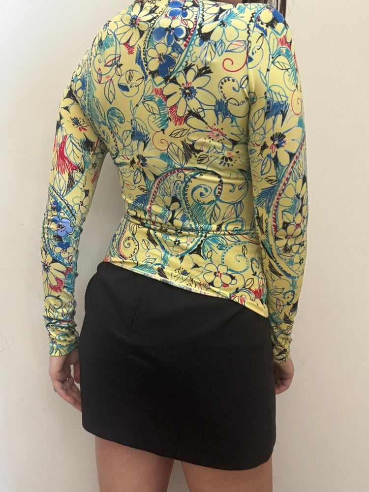Vintage Yellow Patterned Stretch Top Size Medium